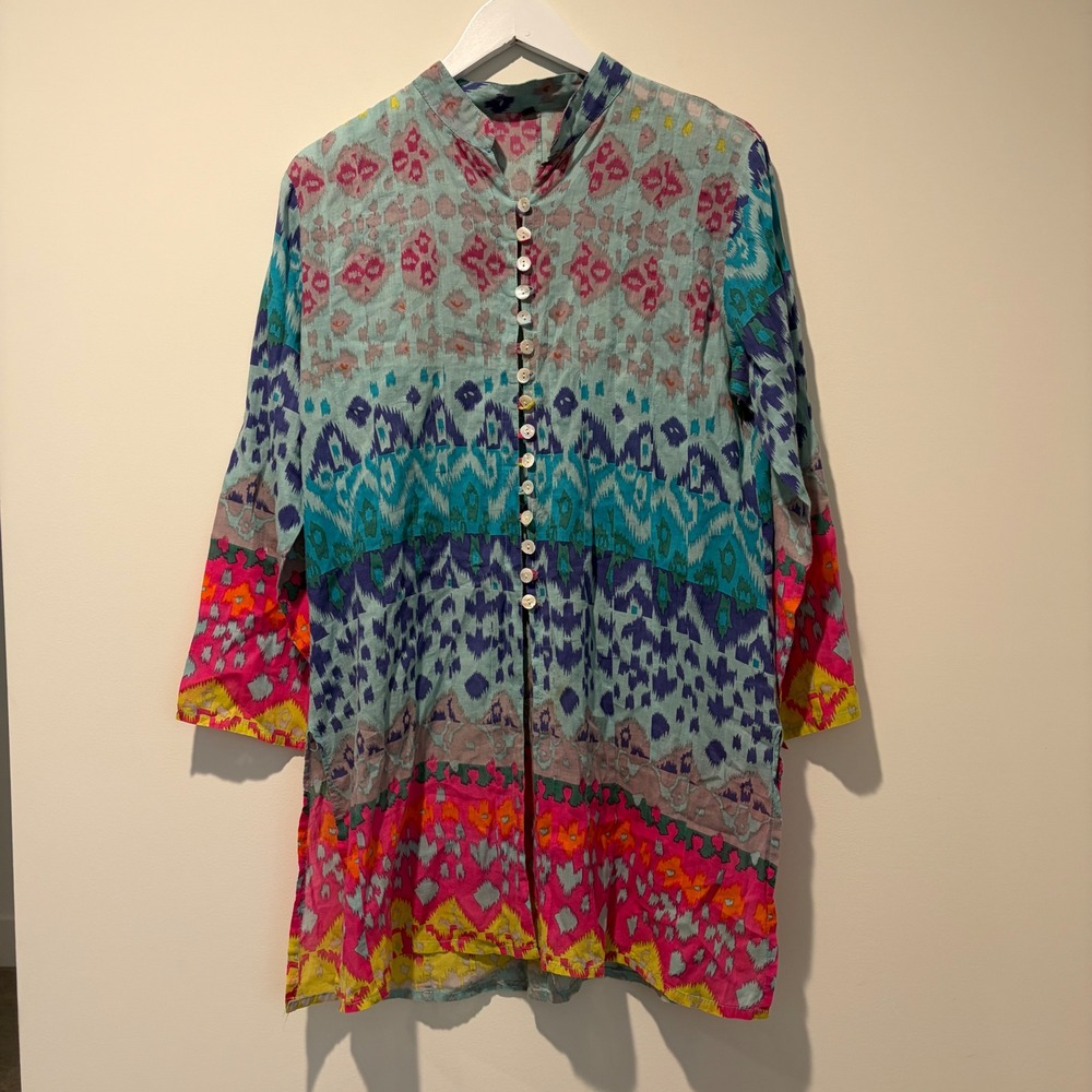 Women L Multicolor Ikat Boho Tunic Shirt 3/4 Sleeve Shell Button Aqua Pink